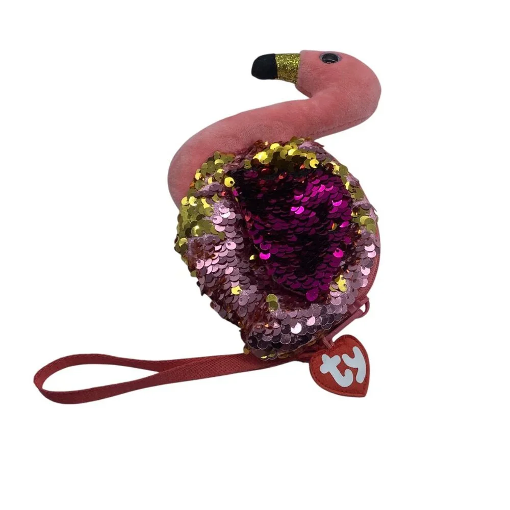 TY Beanie Babies Gilda Flamingo Sequins Pink Girl Wristlet Handbag‎ Change Purse
